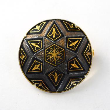 60's damascene gold & silver inlaid oxidized steel celestial brooch, striking geometric stars round gold plated metal pin 
