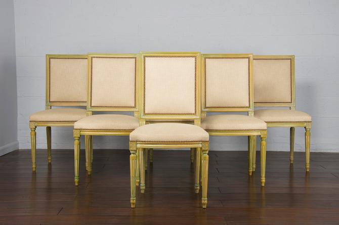 Vintage Set of 6 French Louis XVI Style Provincial Square Back Painted Plaid Wool Dining Chairs 