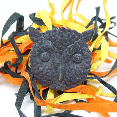 Antique Small Black 1940's Halloween Die Cut Embossed Owl, Vintage Party Decor 
