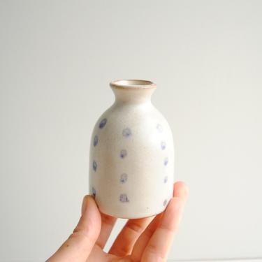 Vintage Small Ceramic Bud Vase in Creamy White with Hand Painted Blue Dots 