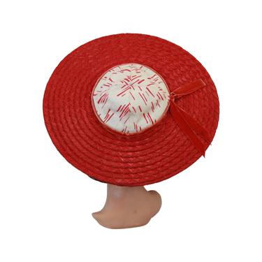 1940s Wide Brim Red Platter Hat - 1940s Red Sun Hat - 40s Cartwheel Hat - 40s Red Straw Sun Hat - Wide Brim Platter Hat - Vintage Sun Hat 