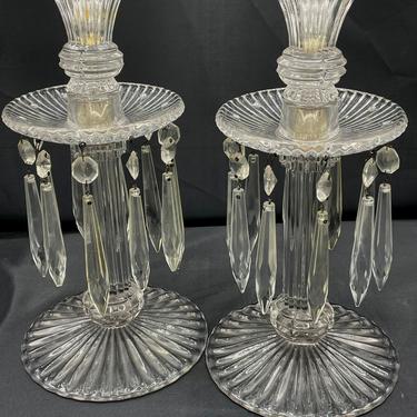 Antique Pair (2) clear glass/crystal Candlestick w/10 chandelier crystal drops- Excellent Condition  10&amp;quot; 