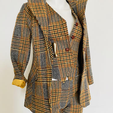 Mod 1960's Vintage Women's TWEED SUIT women's three piece pant suit retro plaid blazer jacket coat 25 x 28 xs  0 / 2 