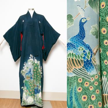1950s Kimono Rayon Peacock Print Japanese Robe 
