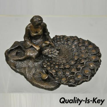 Cast Bronze Metal Art Nouveau Style Seated Woman and Peacock Figurine Statue
