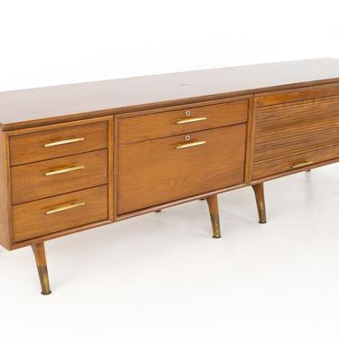 Standard Furniture Company Mid Century Walnut and Brass Tambour Sideboard Buffet Credenza - mcm 