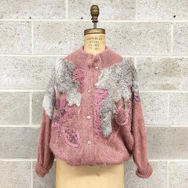 Vintage Cardigan Retro 1980s Over Over + Dusty Mauve + Batwing + Mohair + Fuzzy + Cozy + Rabbit Fur + Beaded + Embroidered + Womens Apparel 