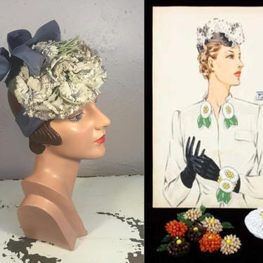 Upon Her Lovely Lavender Locks - Vintage 1930s Lavender Blue &amp; Ivory Floral Tilt Topper Hat 