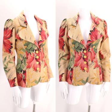 70s Bark cloth print blazer M / vintage 1970s does 40s tropical floral tailored jacket sz 8 