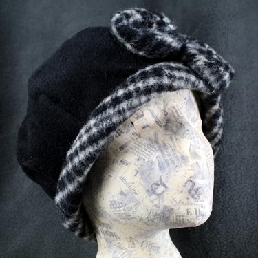 Classic Wool Bubble Pillbox Hat - Black Wool with Houndstooth Edging and Purple Satin Lining - Winter Fashion - 21&quot; Diameter 