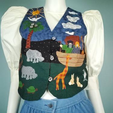 80s vintage novelty vest. Handmade. Noah's Ark. Embellished. Decorative lining. Button-down. Sise S. 