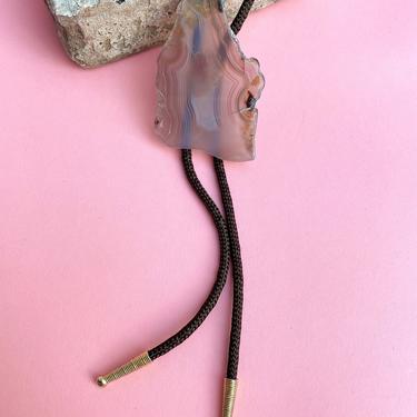 Vtg Gorgeous Large Agate Stone Bolo Tie Necklace / Giant Pink &amp; Brown Gemstone Bolo 