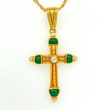 Vintage 22k Yellow Gold Diamond Cross Pendant Necklace Green Enamel 10.9g 