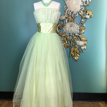 1950s party dress, vintage prom dress, chartreuse tulle, strapless dress, cinderella dress, 50s cupcake dress, small, alternative wedding 