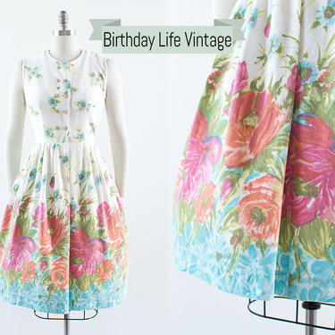 Vintage 1950s Dress | 50s Floral Border Print Cotton Sundress White Shirtwaist Day Dress (medium) 