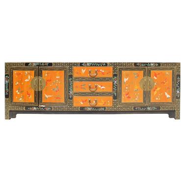 Chinese Oriental Brown Orange Butterflies Flower Low TV Console Cabinet cs5179S
