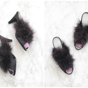 vintage maribou slippers - evening boudoir slippers / feathered high heel slip ons - oomphies maribou slippers / vintage pin up shoes 