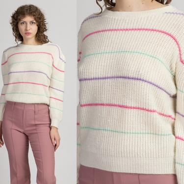 80s Candy Stripe Knit Sweater - Petite Large | Vintage Off-White Rainbow Striped Long Puff Sleeve Pullover Jumper 