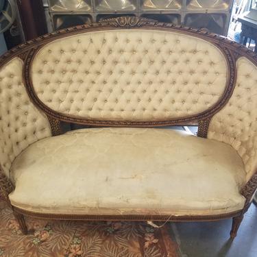 Vintage Settee with Damask Upholstery As Is