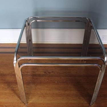 Vintage 80's Mid Century Modern Chrome Side Table with Smoke Glass 