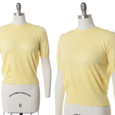 Vintage 1950s Sweater | 50s Pastel Yellow Cashmere Knit Short Sleeve Pullover Sweater Top (small/medium) 
