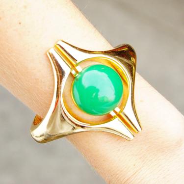 Vintage Lanvin Paris Modernist Gold & Green Space Age Hinged Clamper Bracelet, Unique Gold Tone Cuff With Green Lucite Orb, 6 3/4&quot; 
