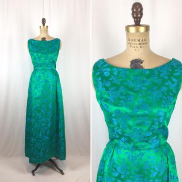 Vintage 50s dress | Vintage green blue floral party dress | 1950s blue floral evening dress 