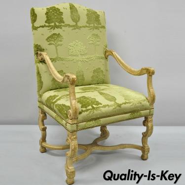 Sherrill Green Upholstered Italian Baroque Style Tall Back Throne Arm Chair