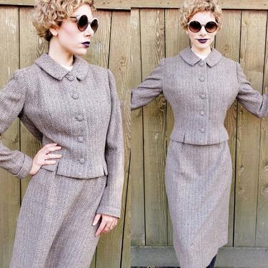 1940s Gray Beige Wool Tweed Skirt Suit / 40s Fitted Blazer and Office Skirt Midi Length Ensemble Set / Medium / Leona 