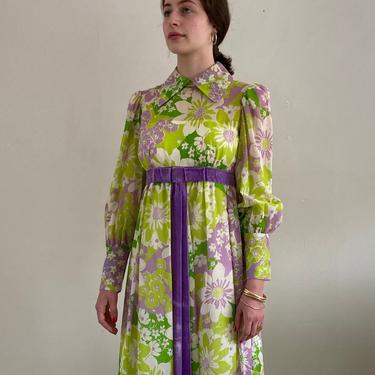 70s voile maxi dress / vintage sheer cotton voile lime green floral collared maxi dress | S 