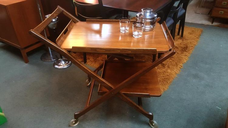 Mid-Century Modern walnut bar cart with removeable serving tray
