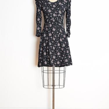 vintage 90s dress black floral print rayon bow grunge mini dress XS clothing 