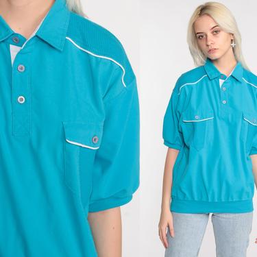 Turquoise Polo Shirt -- Vintage 80s Half Button Up Shirt Retro Tshirt Collared Blue 1980s Slouch Short Sleeve Pocket Tee Raglan Medium 