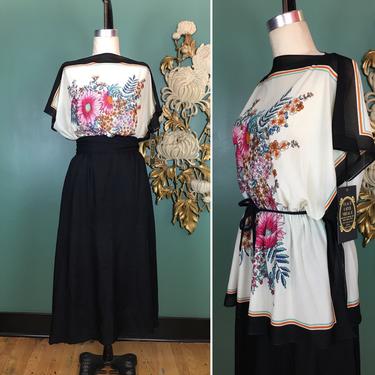 1970s tunic top, border print, vintage 70s blouse, kimono style, botanical print, belted top, medium, bohemian, batwing, hippie, 36, striped 