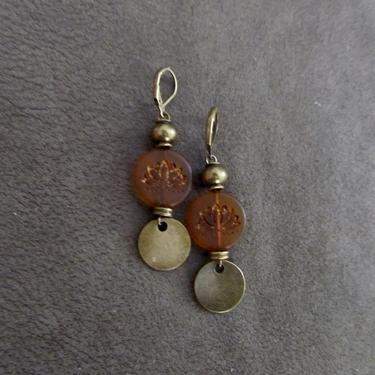 Lotus flower earrings, orange sea glass earrings, boho chic earrings, ethnic earrings, unique artisan earrings, bohemian bronze earrings 