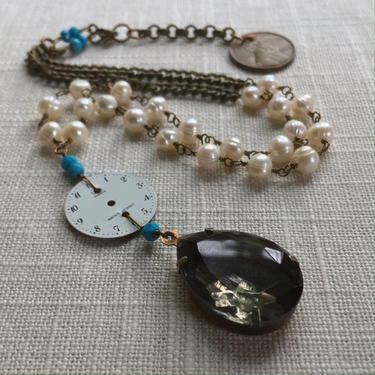 Time and Tide [assemblage necklace: vintage pendant, watch face, turquoise, pearls, lucky penny] 