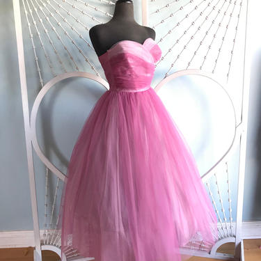 Vintage 1950s Pink Ombre Strapless Tulle Party Prom Dress - XS 