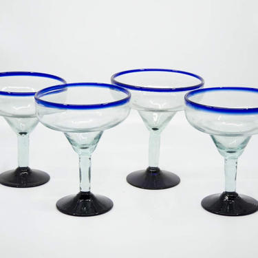 Vintage Set of 4 Mexican Hand Blown Margarita Glasses 
