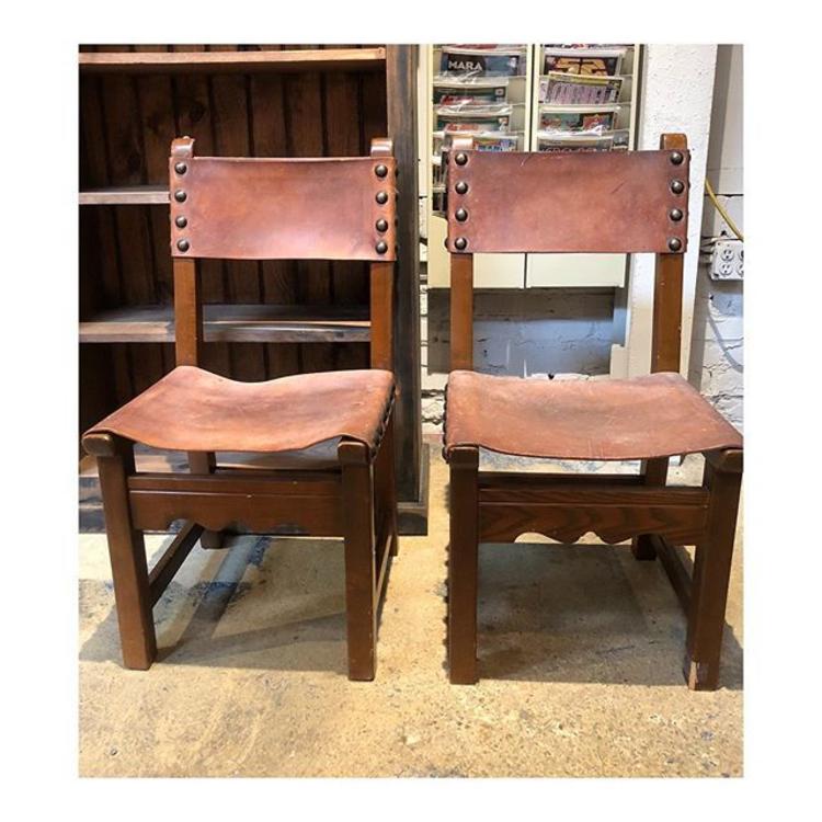 Pair of brown leather chairs 33 B x 16 D x 17.5 seat 