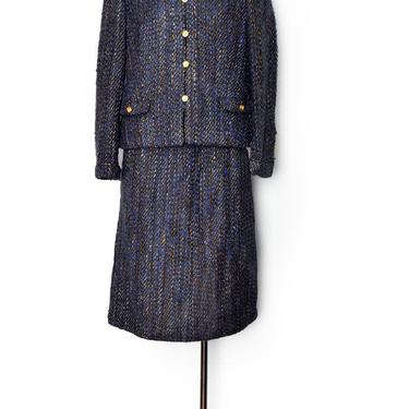 Jean Luis CHANEL style Couture Suit Skirt &amp; Jacket Blue Gray Silk Wool Designer Matching Blazer 1970's, 1980's Cashmere Vintage Dress 