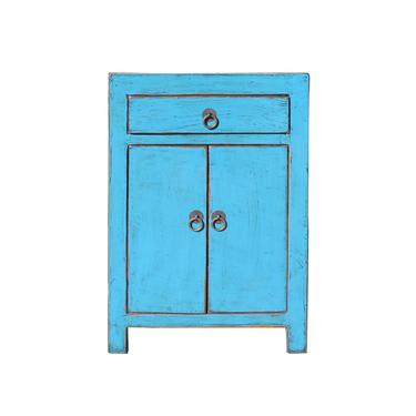 Distressed Pastel Bright Blue Lacquer Drawer End Table Nightstand cs5399S