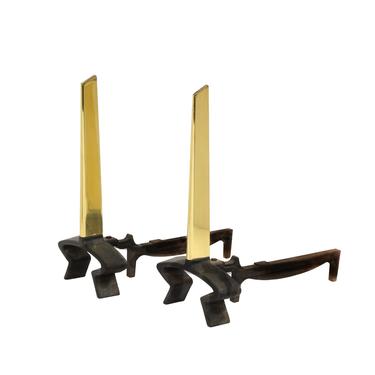 Donald Deskey Pair of Andirons in Wrought Iron and Brass 1950s (signed)