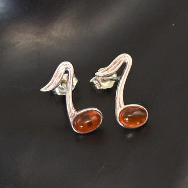 Tiny 60's red amber 925 silver abstract cherry studs, dainty mid-century oval amber cabs sterling fruit & leaf post earrings 