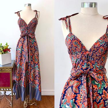 Vintage Vera Mont Paris Blue &amp; Orange Botanical Print Dress / 1970s Floral Maxi Dress / Vintage Tie Strap Dress / Extra Small XS 2 