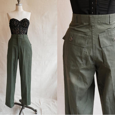 Vintage 80s Green Army Pants/ 1980s High Waisted Patch Pocket Straight Leg Utility Pants/og 507/ Size 28 