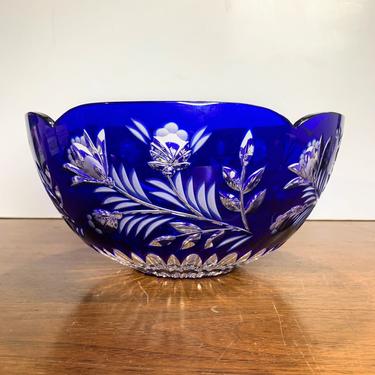Vintage Ajka Crystal Design Guild Blue Cut Crystal Floral Bowl 