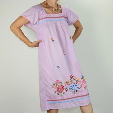 Vintage Floral Shift / Flutter Sleeve Embroidered House Dress / 80's Pastel Midi / Medium 