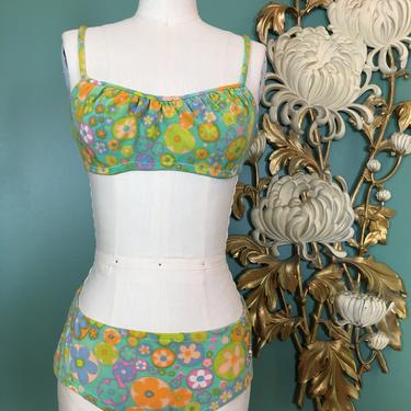 1960s bikini, 2 piece swimsuit, vintage bathing suit, mod swimsuit, size x small, 30 bust, 24 waist, aqua floral, retro swimsuit, hippie 
