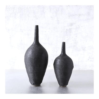 SHIPS NOW- 2 small stoneware bottle vases in black crater glaze by sara paloma .  modern organic bud vase black lava pottery architectural 