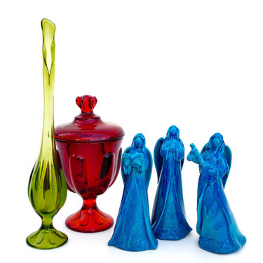 Mid-Century Turquoise Glaze Ceramic Angel Figurines | Set of Three |  Retro Color POP Holiday Decor | Vintage Nativity Figurines 